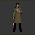 Man Wearing Brown Coat and Hat Holding Binoculars and Red White Flag on Gray Background