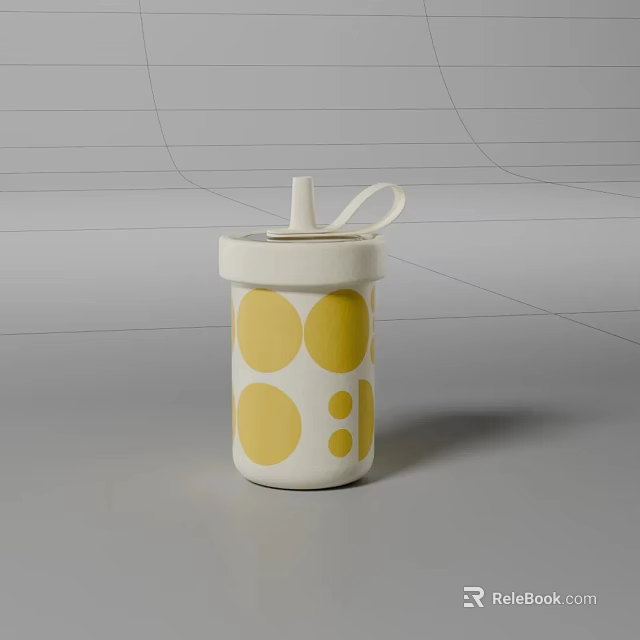 Stylish Cup With White Base Yellow Polka Dot Pattern White Lid And Handle 3d model 