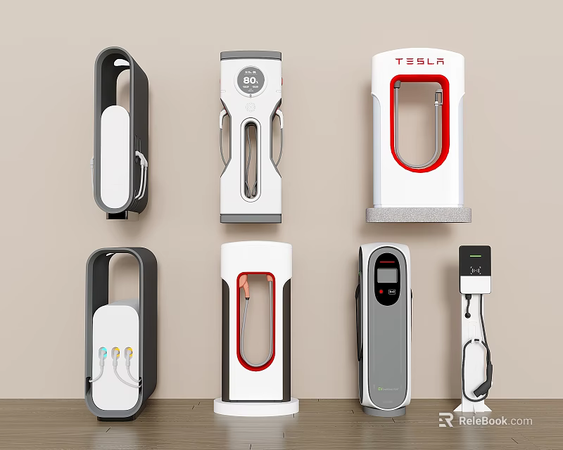 Public Electric Vehicle Charging Stations With Various Designs Including Tesla Models 3d model 