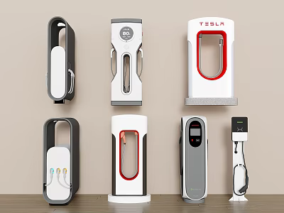 Public Electric Vehicle Charging Stations With Various Designs Including Tesla Models 3d model