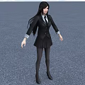A Woman In Black Blazer White Shirt And Black Tie Against Blue Sky Gray Ground