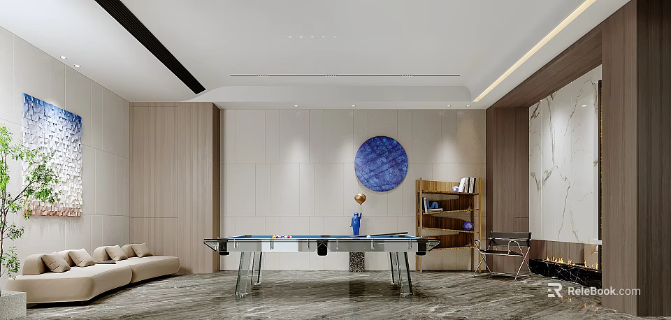 Modern Elegant Entertainment Room With Glass Pool Table Blue Circular Decor And Bookshelf 3d model 