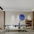 Modern Elegant Entertainment Room With Glass Pool Table Blue Circular Decor And Bookshelf