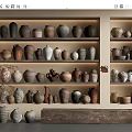 Vintage Rustic Ceramic Vessels Displayed On Wooden Shelves With Various Sizes And Shapes