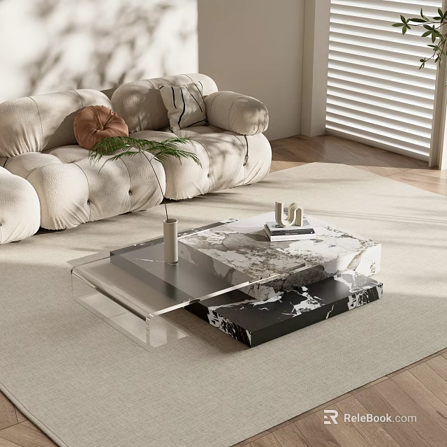 Modern Coffee Table With Marble Top And Glass Base Featuring Sofa Rug And Green Plant 3d model 