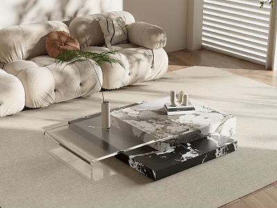 Modern Coffee Table With Marble Top And Glass Base Featuring Sofa Rug And Green Plant 3d model