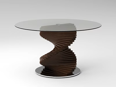 Round Glass Top Dining Table With Spiral Dark Brown Wooden Base Design 3d model