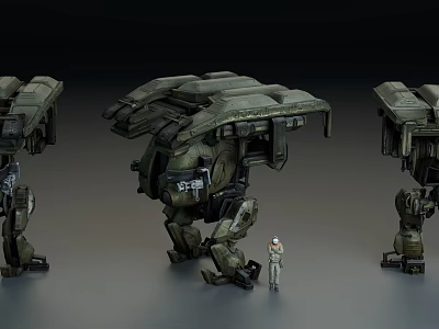 Game Movie Character Three Large Mechanical Mechs With Small Human Figure 3d model
