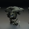 Game Movie Character Three Large Mechanical Mechs With Small Human Figure
