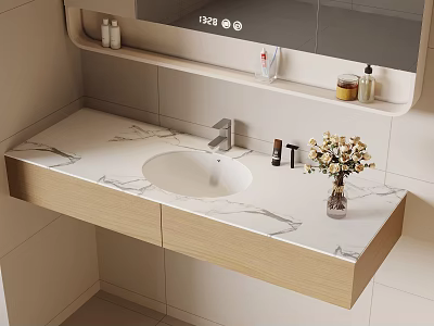 Modern Wall Mounted Bathroom Sink With Marble Countertop Wooden Cabinet And Flower Vase 3d model
