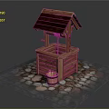 Traditional Wooden Well with Red Tiled Roof and Square Structure on Cobblestone Ground and Bucket