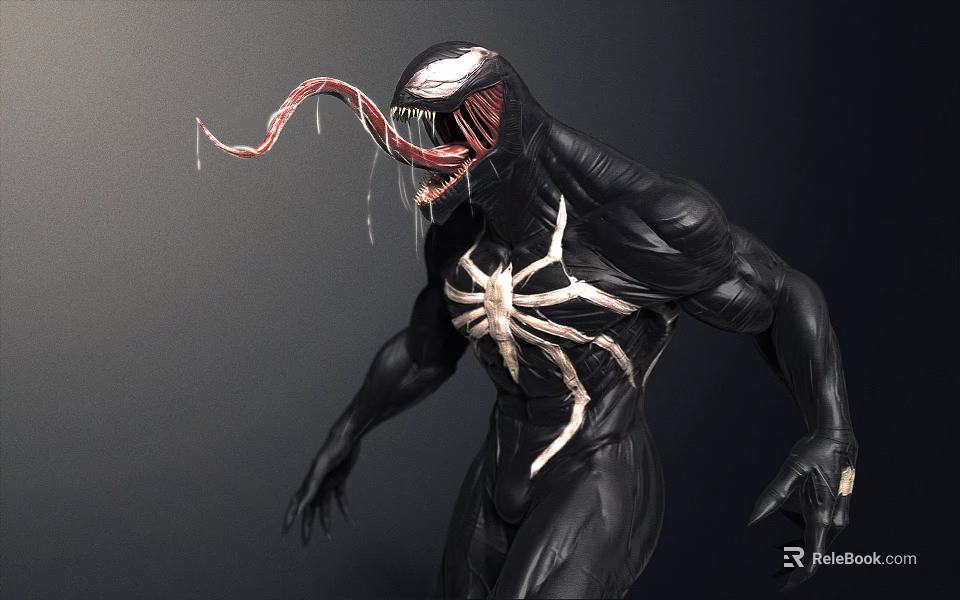 Venom Game Movie Character With Black Symbiote White Spider Symbol And Extended Tongue 3d model 