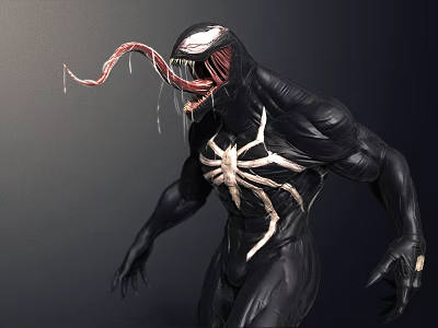 Venom Game Movie Character With Black Symbiote White Spider Symbol And Extended Tongue 3d model