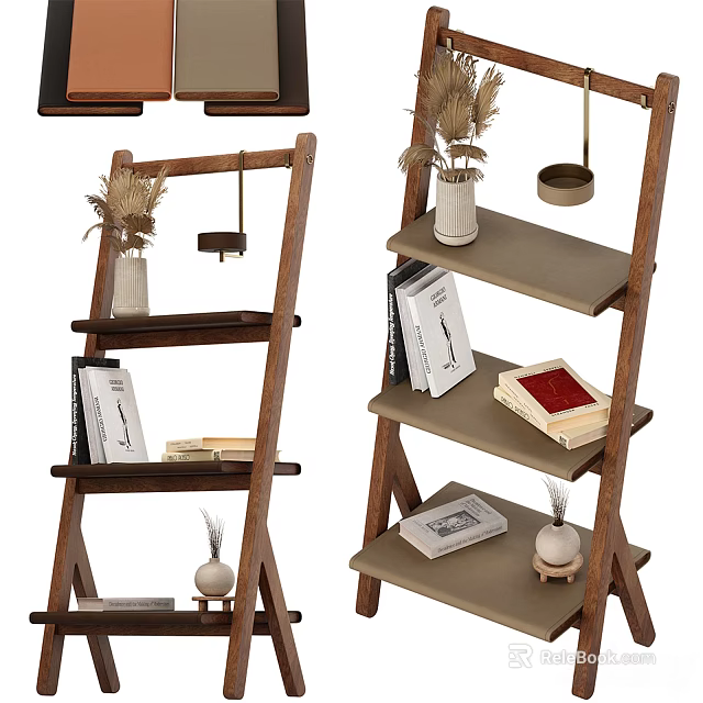 Modern Wooden Ladder Shelf With Multi Tiered Storage And Decorative Items 3d model 