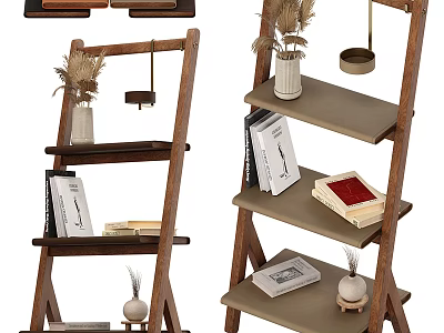 Modern Wooden Ladder Shelf With Multi Tiered Storage And Decorative Items 3d model