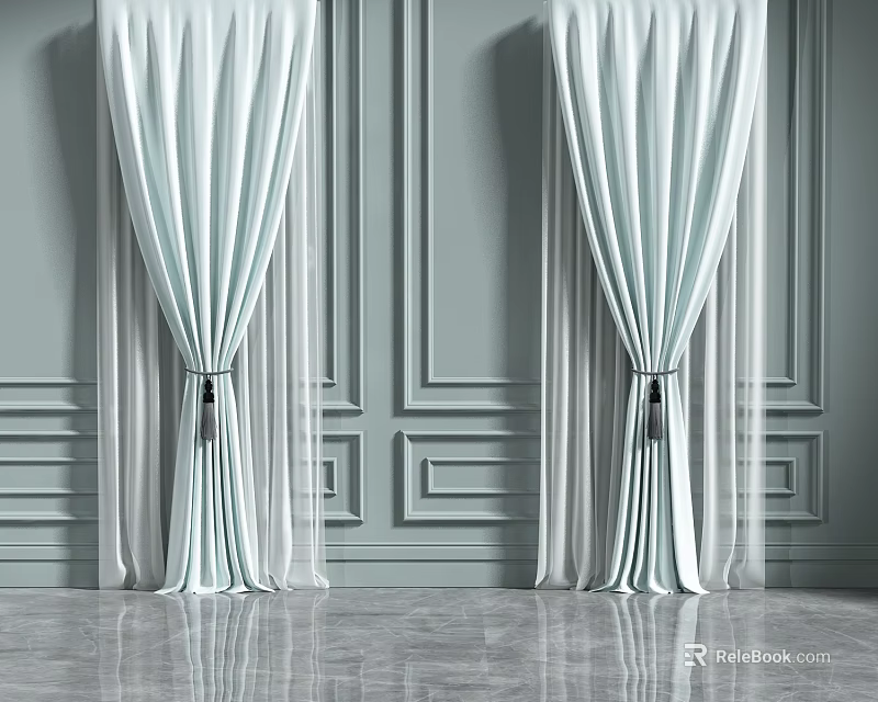 Light Blue And White Double Layer Curtains With Black Tiebacks On Gray Paneled Wall 3d model 