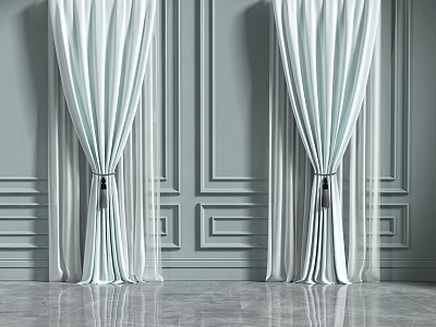 Light Blue And White Double Layer Curtains With Black Tiebacks On Gray Paneled Wall 3d model
