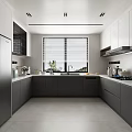 Modern Kitchen Interior With Gray Cabinets White Countertop Stainless Steel Appliances And Window Blinds