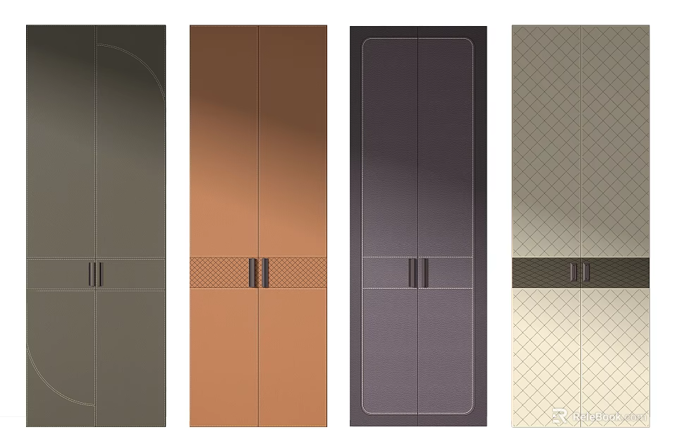 Modern Cabinet Doors With Green Copper Purple Beige Textured Panels And Decorative Strips 3d model 