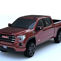 Red GMC Pickup Truck With Four Door Design And Black Wheels