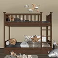 Wooden Bunk Bed in Kids Room with Moon Cloud Wall Decor and Stuffed Toys