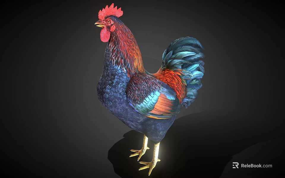 Colorful Feathered Rooster With Red Comb And Yellow Legs On Black Background 3d model 