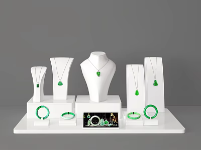 Green Jewelry Display Featuring Necklaces Pendants Bracelets On White Mannequin Stands 3d model