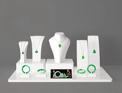 Green Jewelry Display Featuring Necklaces Pendants Bracelets On White Mannequin Stands 3d model