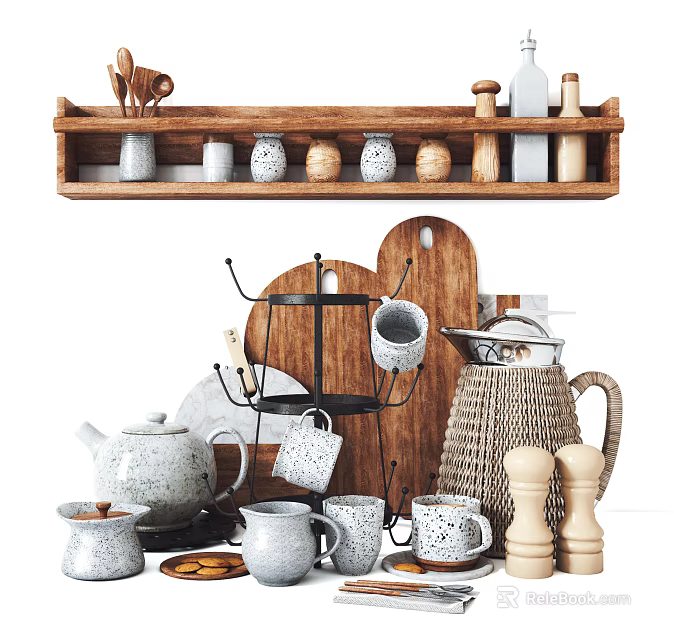 Charming Kitchen Utensils Display With Wooden Shelf Teapot Mugs Jars And Pepper Mills 3d model 