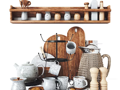Charming Kitchen Utensils Display With Wooden Shelf Teapot Mugs Jars And Pepper Mills 3d model
