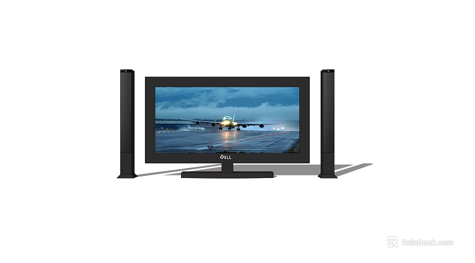 Modern Television With Black Speakers Displaying Airplane On Runway Screen 3d model 