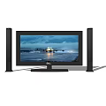 Modern Television With Black Speakers Displaying Airplane On Runway Screen