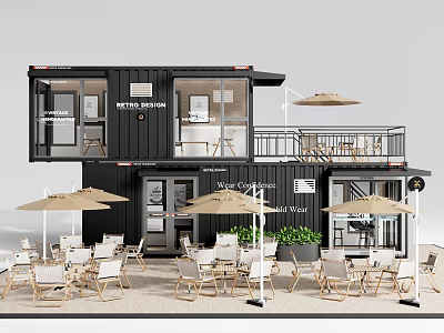 Modern Container Building Cafe with Outdoor Tables Chairs Umbrellas and Balcony 3d model