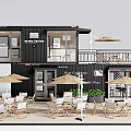 Modern Container Building Cafe with Outdoor Tables Chairs Umbrellas and Balcony