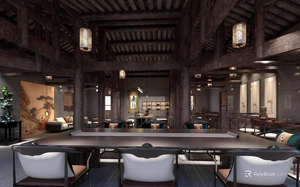 Traditional Chinese Interior Design With Wooden Beams Hanging Lanterns Classic Tables Chairs and Decorative Elements 3d model 