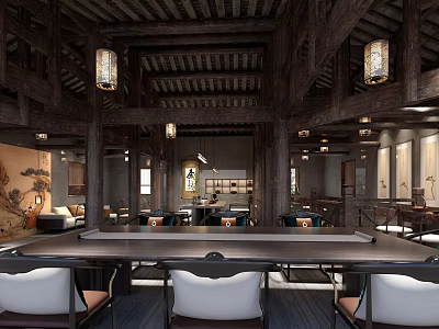 Traditional Chinese Interior Design With Wooden Beams Hanging Lanterns Classic Tables Chairs and Decorative Elements 3d model