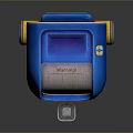 Blue Futuristic Device With Transparent Top Red Symbol And Yellow Accents On Metallic Base