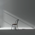 Minimalist Leisure Chair With Black Metal Frame Wooden Seat In Gray Wall Corner With Shadows