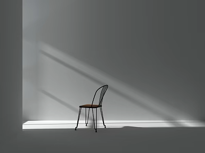 Minimalist Leisure Chair With Black Metal Frame Wooden Seat In Gray Wall Corner With Shadows 3d model