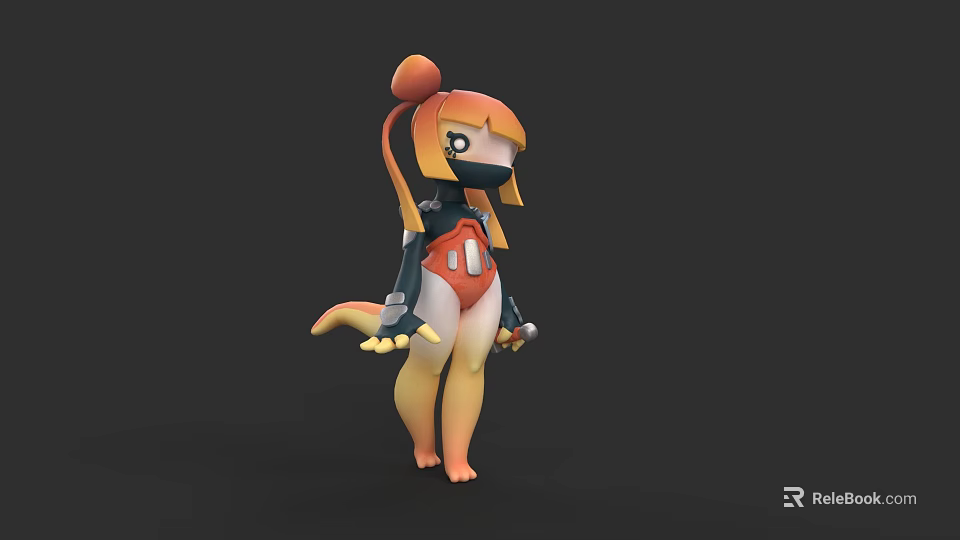 Game Movie Character Cartoon Style With Orange Hair Bun Black Mask Mechanical Arms And Tail 3d model 