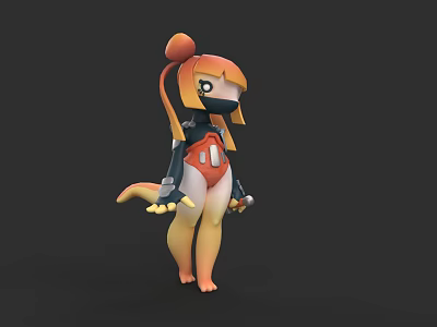 Game Movie Character Cartoon Style With Orange Hair Bun Black Mask Mechanical Arms And Tail 3d model