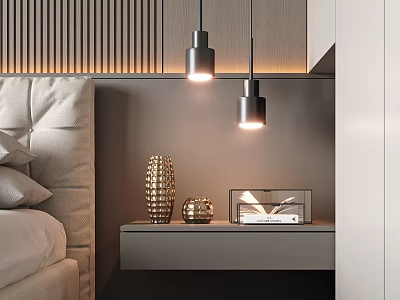 Modern Bedroom Interior With Two Pendant Lights And Decorative Items On Nightstand 3d model