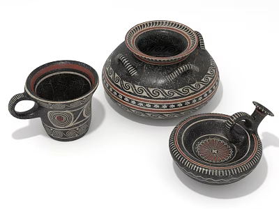 Three Black And Red Traditional Pottery Items With Intricate Patterns And Handles 3d model