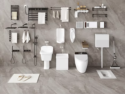 Modern Bathroom Fixture Set With Toilet Sink Shower System Towel Racks Shelves And Floor Drain 3d model
