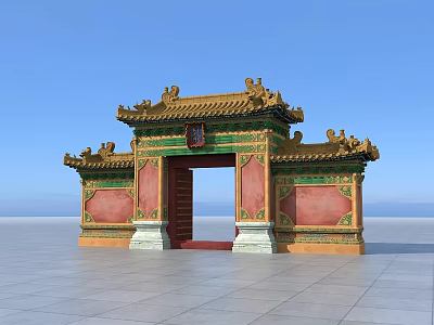 Ancient Chinese Architecture Gate With Yellow Glazed Roof Red Walls And Green Decorations 3d model
