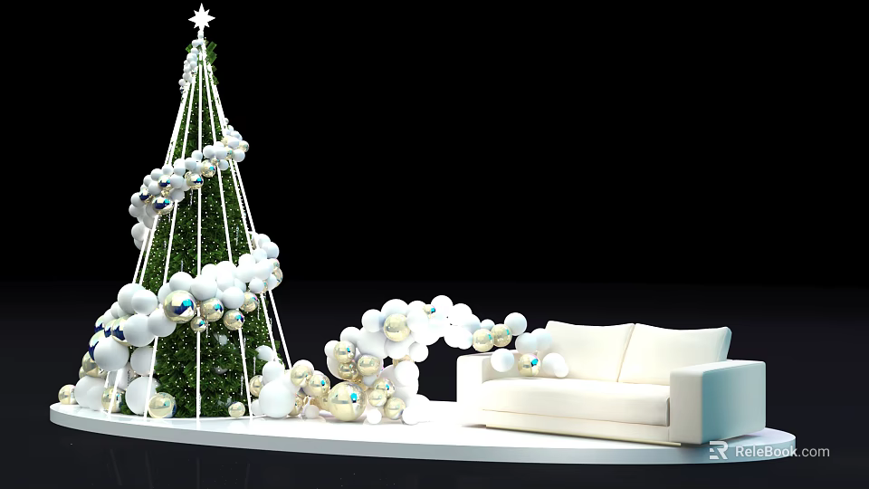 Christmas Interior Decor With Green Tree White Silver Balloons And White Sofa 3d model