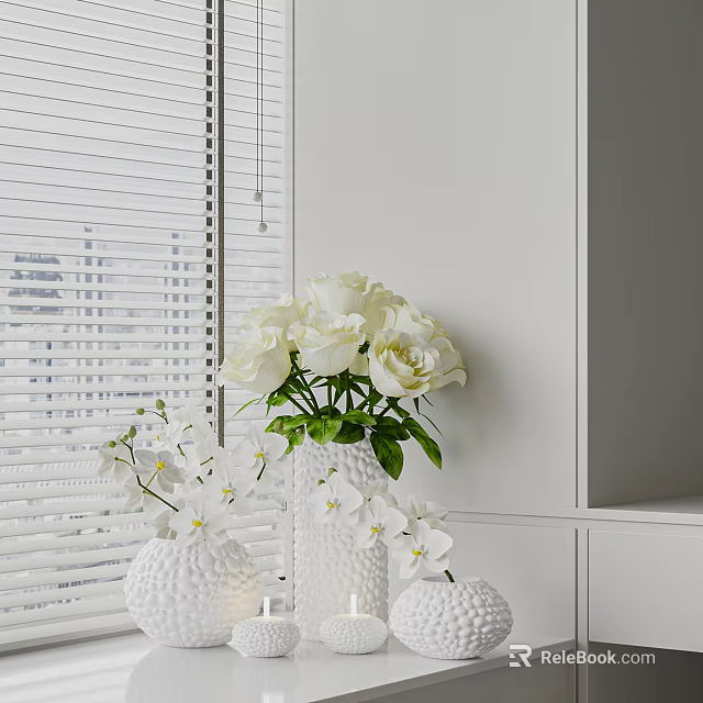 Decorative White Vase With White Orchids In Modern Interior With Blinds And Cabinets 3d model 