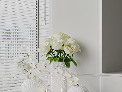 Decorative White Vase With White Orchids In Modern Interior With Blinds And Cabinets 3d model