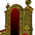 Intricate Golden Carved Throne With Red Upholstered Seat And Armrests