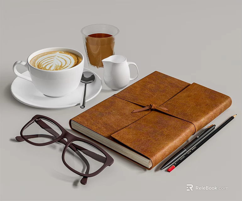 White Ceramic Coffee Cup With Latte Art Near Leather Notebook Eyeglasses And Pencils 3d model 